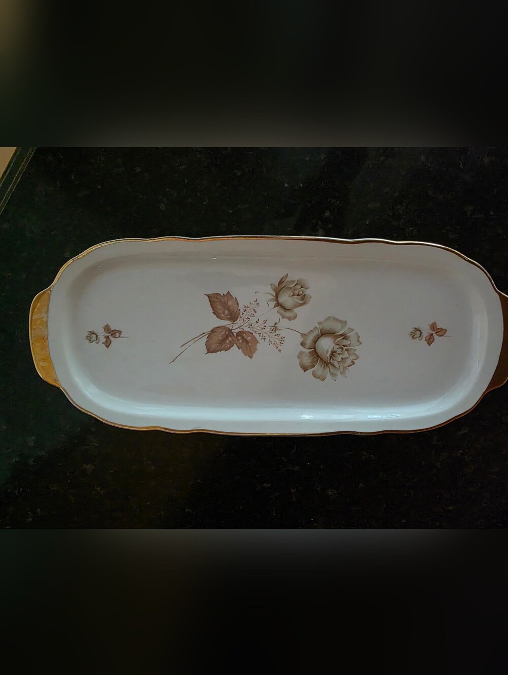 Vintage S.P. Coimbra 15" Gold Trim Porcelain Plattrr Sepia Rose Motif Portugal